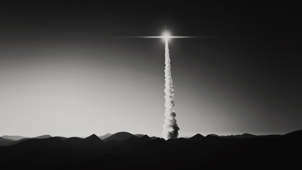 Rocket start from desert, 3d illustration.